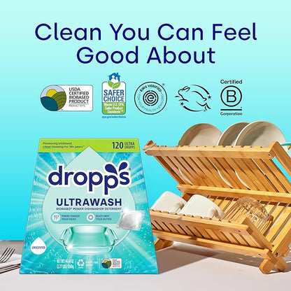 Dropps UltraWash Dishwasher Detergent Pods, Unscented (120 Ct) - Free & Clear | Cuts Grease & Stuck-On Food | Sparkling Dishes & Glasses | Residue-Free | Clean Ingredients | Plastic Free Packaging