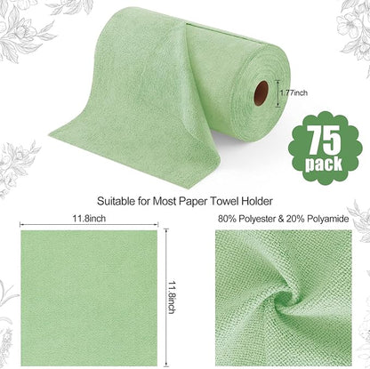 Homaxy Tear Away Dish Cloths Rolls, 75 Sheets-11.8" X 11.8", Reusable Washable Dish Towels for Kitchen, Ultra Absorbent and Quick Drying Microfiber Cleaning Rags, Green