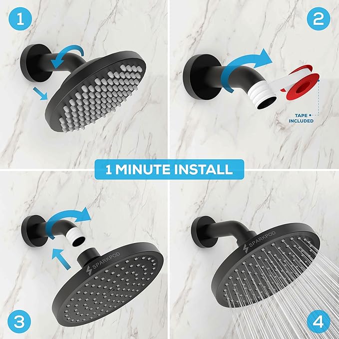 SparkPod Shower Head - High Pressure Rain - Premium Quality Luxury Design - Easy Clean Adjustable Replacement for Your Bathroom Shower Heads (Midnight Black Matte, 6 Inch Round)