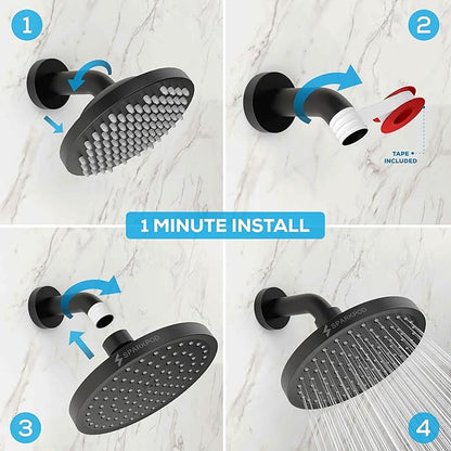 SparkPod Shower Head - High Pressure Rain - Premium Quality Luxury Design - Easy Clean Adjustable Replacement for Your Bathroom Shower Heads (Midnight Black Matte, 6 Inch Round)
