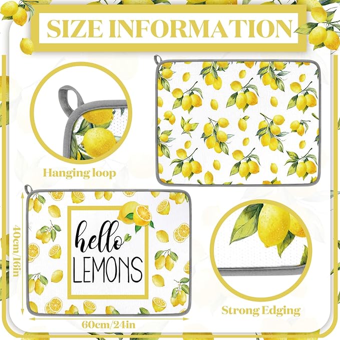 Zonon Dish Drying Mat for Kitchen Counter 16 x 24 Microfiber Absorbent Dish Drainer Rack Pads Fast Dry Mat Vintage Kitchen Decorations(Lemon)