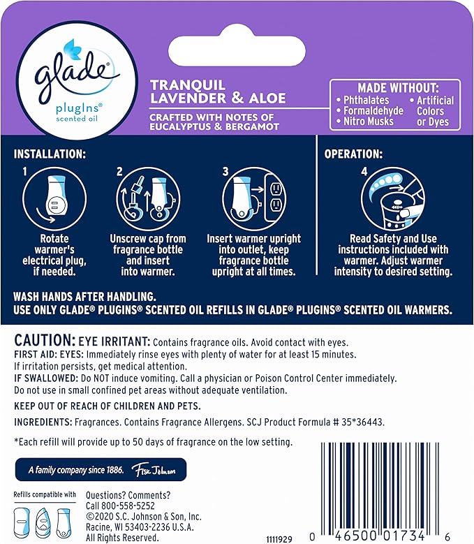 Glade PlugIns Refills Air Freshener, Scented and Essential Oils for Home and Bathroom, Tranquil Lavender & Aloe, 1.34 Fl Oz, 2 Count