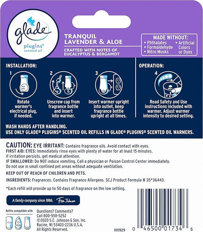 Glade PlugIns Refills Air Freshener, Scented and Essential Oils for Home and Bathroom, Tranquil Lavender & Aloe, 1.34 Fl Oz, 2 Count
