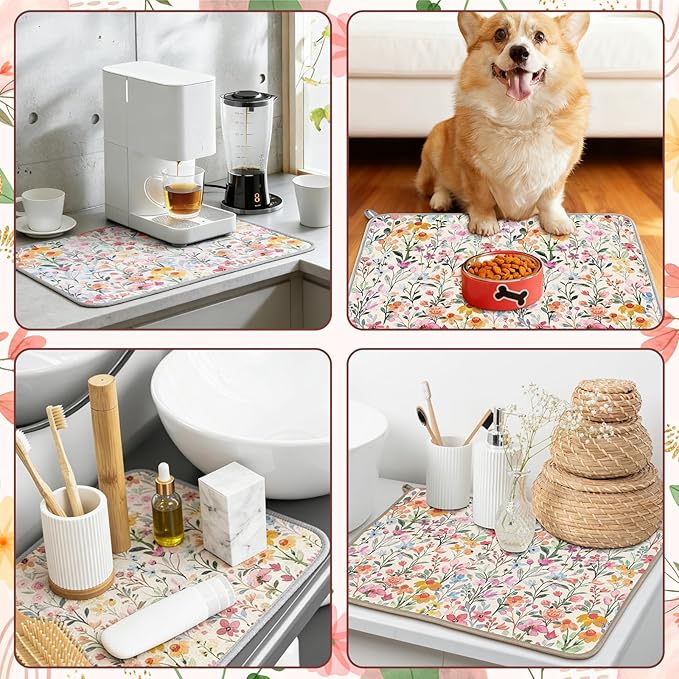 AnyDesign Flower Dish Drying Mat Watercolor Wildflower Floral Absorbent Dish Drainer Protector Pad for Spring Kitchen Countertop Tableware Decor, 18 x 24 Inch