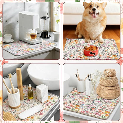 AnyDesign Flower Dish Drying Mat Watercolor Wildflower Floral Absorbent Dish Drainer Protector Pad for Spring Kitchen Countertop Tableware Decor, 18 x 24 Inch