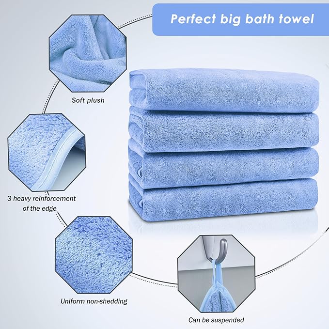 GraceAier Microfiber Bath Towels 4 Pack, 28x56 Inch Coral Velvet Quick Dry Towel Set, Highly Absorbent, Ultra Soft & Lint-Free for Bathroom, Gym, Travel and Swim