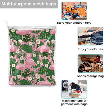 Mesh Laundry Bags Lingerie Bags for Washing Delicates 2 PCS Durable Wash Bag with Zipper Small and Medium Washable Pink Flamingos Palm Leaves and Daisy