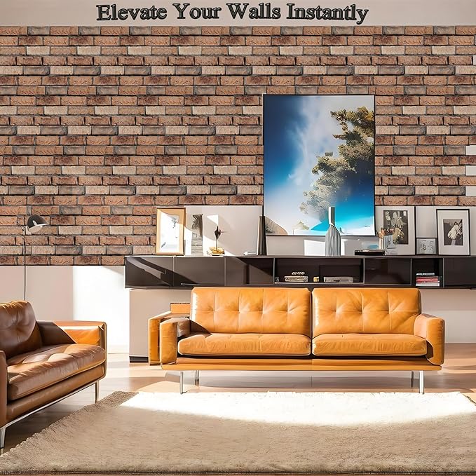 3D Brick Wall Panels Peel and Stick,10 Pack Self-Adhesive PVC Wall Tiles, Waterproof Textured Decor for Living Room, Kitchen, Bedroom, Office Accent (4Lines Seamless Brown Stone)