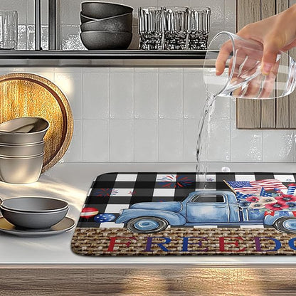 4th of July Buffalo Plaid Dish Drying Mat Patriotic Large Kitchen Mat Dish Drying Pad Absorbent Dish Dryer Mat for Kitchen Countertops Microfiber Drainer Pad Dish Drying Rack Mat (18x24 in)