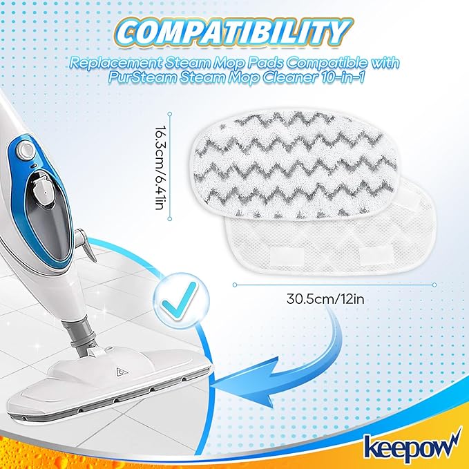 KEEPOW Heavy-Duty Steam Mop Pads for PurSteam ThermaPro 10-in-1, Extra Thick & Highly Absorbent Microfiber, Washable Reusable Replacement Pads for Deep Cleaning - 4 Pack
