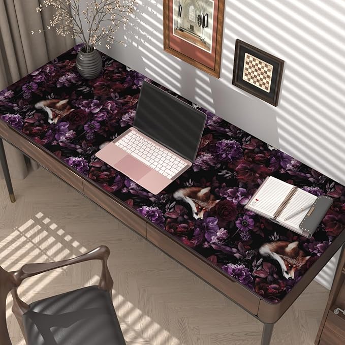 Fox Floral Animal Wallpaper Peel and Stick, Dark Purple/Red Goth Contact Paper, Black Vintage Gothic Wall Paper Self Adhesive Removable Waterproof for Bedroom Shelf Cabinet Drawer Table 17.5" x 118"