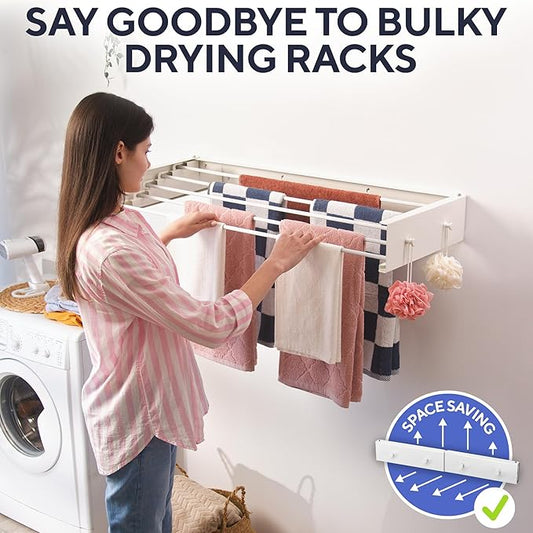 Delfori Foldable Wall Mounted Drying Rack 28 inch - Easy to Install Hanging Rack for Laundry Room - Space Saving Design with 55-lb Capacity - Perfect Drying Racks for Clothes Towels & More