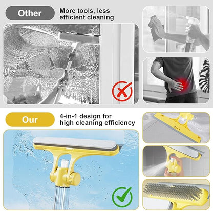 4 in 1 Window Cleaning Scraper Tool Kit, TPR Squeegee with Sprayer Bottle, Multifunctional Window Cleaning Tool, Detachable Brush, for Car, Home, Kitchen Windows (Yellow)