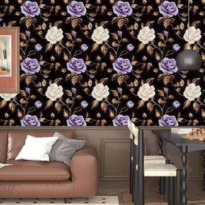 Laatse Golden Floral Wallpaper Peel and Stick Vintage Purple Gold Rose Contact Paper Self Adhesive Removable Retro Dark Flower Wall Mural for Bedroom Walls Shelves Cabinet Table Decor 17.5" x 118"