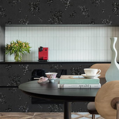 Black Peel and Stick Wallpaper 118inL 17.7inW Black Silk Embossed Floral Contact Paper for Cabinets Drawers Furniture Textured Flower Removable Wallpaper for Kitchen Bathroom Waterproof Thicken