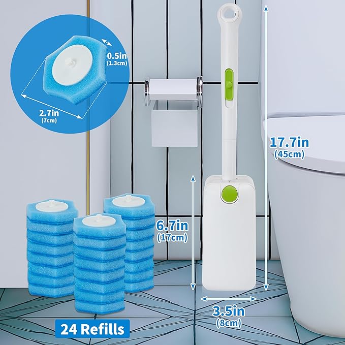 Disposable Toilet Brush, Toilet Bowl Cleaner with 24 Upgraded Cleaner Refills, Wall Mounted Toilet Brush and Holder Set, Bathroom Cleaning System for Bathtub Sink Wash Basin