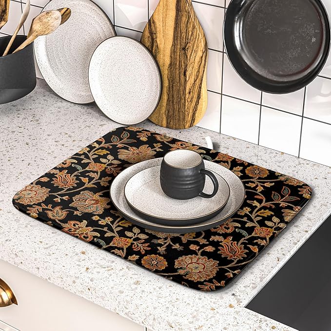 Vintage Tapestry Floral Dish Drying Pad 16 x 18 Inch With Absorbent Reversible Microfiber Black Brown Boho Carpet Flowers Drying Mats Dish Drainer Mat Fast Dry For Kitchen Dining Room Decoration