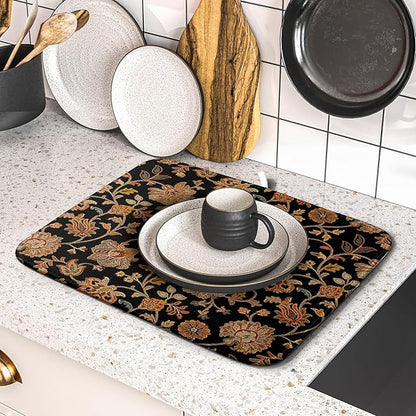 Vintage Tapestry Floral Dish Drying Pad 16 x 18 Inch With Absorbent Reversible Microfiber Black Brown Boho Carpet Flowers Drying Mats Dish Drainer Mat Fast Dry For Kitchen Dining Room Decoration