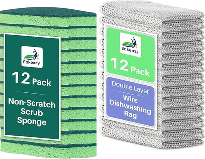 12 Pack Non-Scratch Dish Sponges and 12 Pack Wire Dishwashing Rags Set, Gentle Scrub Sponges and Reusable Non-Scratch Wire Dishcloth for Kitchen, Bathroom, and Household Cleaning