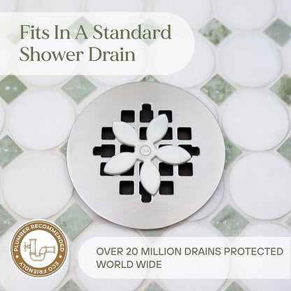 DrainWig Shower Drain Hair Catcher – Disposable Bathroom Hair Trap, Easy to Install in Shower Drain Cover, Helps Prevent Clogs – As Seen on Shark Tank – White Flower (4-Pack)