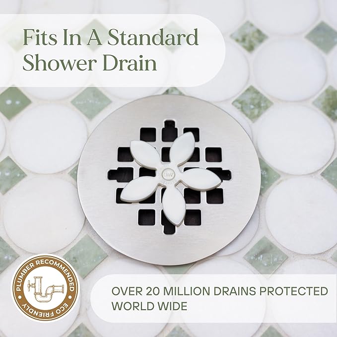 DrainWig Shower Drain Hair Catcher – Disposable Bathroom Hair Trap, Easy to Install in Shower Drain Cover, Helps Prevent Clogs – As Seen on Shark Tank – White Flower (2-Pack)
