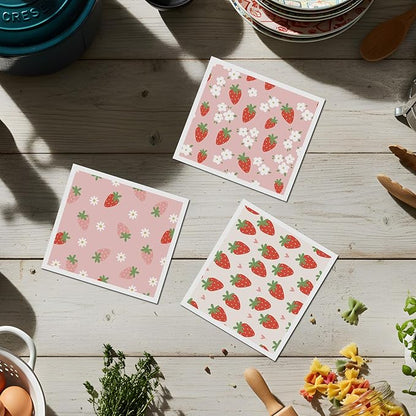Reusable Swedish Kitchen Dish Cloths, 6 Pack Pink Strawberry Floral Swedish Dishcloths, Absorbent Fast Drying Sponge Cleaning Cloths Towels Wipes for Kitchen Cooking Home Decoration