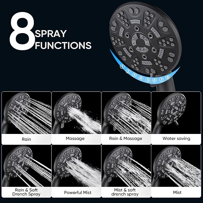 Cobbe 8-Setting Handheld Shower Head with High Pressure Shower Heads - Bathroom Showerhead Set - Detachable Showerhead with 5ft Stainless Steel Hose and Brass Swivel Bracket (Matte Black)