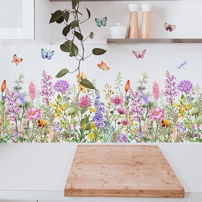 Wildflower Wall Decals Peel & Stick Floral Wall Art - Removable Flower Wall Stickers for Girls Bedroom Nursery Living Room DIY Home Decor with Butterflies Vines Daisies