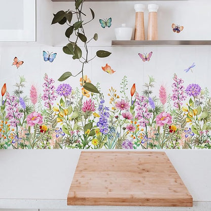 Wildflower Wall Decals Peel & Stick Floral Wall Art - Removable Flower Wall Stickers for Girls Bedroom Nursery Living Room DIY Home Decor with Butterflies Vines Daisies