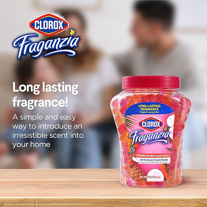 Clorox Fraganzia Crystal Beads Air Freshener, Long Lasting Room Deodorizer and Odor Eliminator Gel Beads to Freshen Home, Car, or Office, Island Escape Scent, 12 Fl Oz