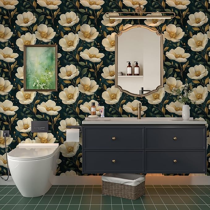Fvlow Large Dark Floral Wallpaper Peel and Stick, White/Gold Flowers Contact Paper Waterproof Self-Adhesive Boho Wall Paper for Bedroom Countertop Desk Cabinets Decor 17.4" x 118" Renter Friendly