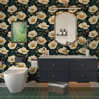 Fvlow Large Dark Floral Wallpaper Peel and Stick, White/Gold Flowers Contact Paper Waterproof Self-Adhesive Boho Wall Paper for Bedroom Countertop Desk Cabinets Decor 17.4" x 118" Renter Friendly