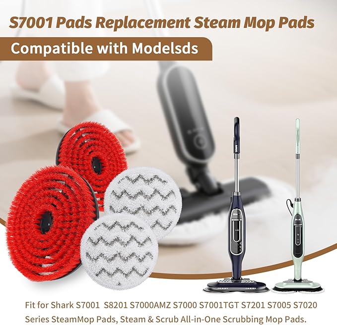 2 Pack Steam Mop Brush Head (Red) and 2 pack steam mop replacement pads (Gray), Upgraded Mop Pad Replacement Brush Heads Compatible with Shark Steam Mop S7000 S7001 S7020 S7005 S8021 S8001 etc