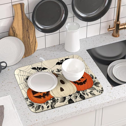 Halloween Pumpkin Dish Drying Mat for Kitchen Counter 16x18 Black Bat Spiderweb Holiday Scary Theme Absorbent Reversible Microfiber Drying Mats Kitchen Countertop Protector Dishes Drainer Pad