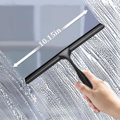 10" Stainless Steel Shower Squeegee for Shower Glass with Adhesive Hook for Cleaning Bathroom Glass Doors Car Window Mirrors and Tile Wall (Matte Black + Hook)