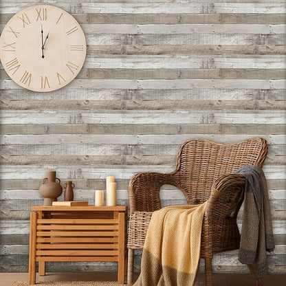 LXCREAT Faux Wood Butcher Block Contact Paper Shiplap Peel and Stick Wallpaper 17.5"X394", Natural Grey Wooden Self Adhesive Removable Vintage Wallpaper for Shelf Kitchen Home Walls Decoration