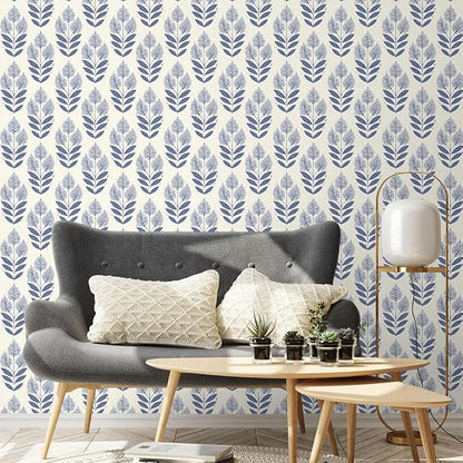Naphite Tulip Floral Peel and Stick Wallpaper Vintage Leaf Boho Contact Paper for Cabinets Neutral Self Adhesive Wallpaper for Bedroom Bathroom Waterproof Farmhouse Wall Decor Navy 17.3inW197inL