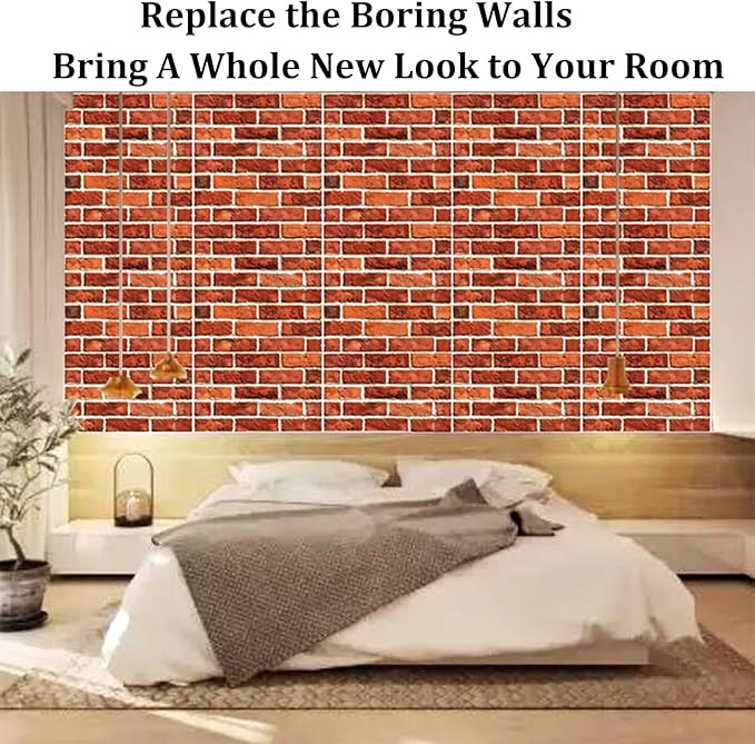 3D Wall Panels Peel and Stick, 3D Wall Panels Self Adhesive Waterproof 10PCS PVC 3D Brick Wallpaper Peel and Stick for Interior Wall Decor,Bedroom,Living Room12''x12'' (Dark Red Stone)