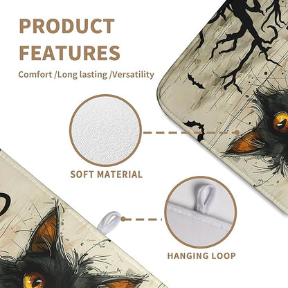 Black Cat Fall Pumpkin Dish Drying Mat 18x24 - Super Absorbent Drying Pads for Kitchen Counter - Happy Halloween Bat Branch Large Microfiber Dishes Drying Mats
