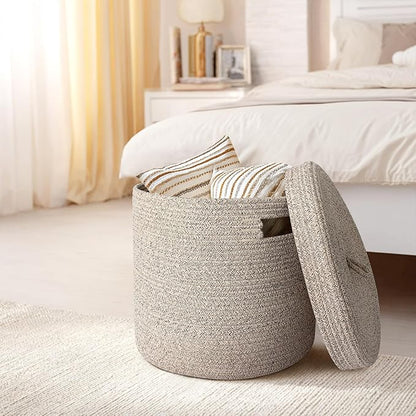 Storage Basket with Lid, Woven Blanket Storage for Living Room, Soft Cotton Rope Bin with Lid, Round Wicker Laundry Basket with Cover, Lidded Kids Dog Toy Bin, Nursery Organizer, 15" x 13"