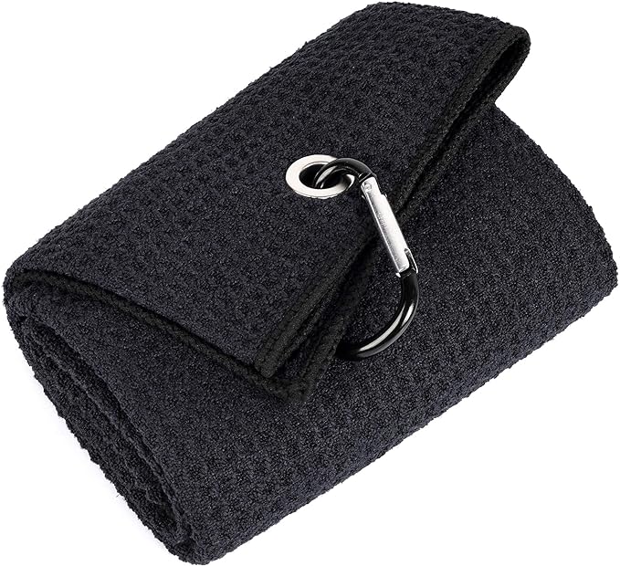 Mile High Life Tri-fold Golf Towel | 16" X 24" | Premium Microfiber Fabric | Waffle Pattern | with Heavy Duty Carabiner Clip | for Men and Women (Black)