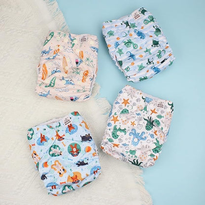 Mama Koala 3.0 Cloth Diapers for Babies with AWJ Lining, 6 Pack with 6 Natural Cloth Diaper Inserts - Reusable and Washable Pocket Diapers (in the Sea)