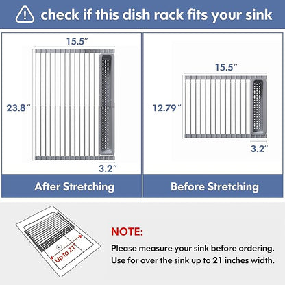 JASIWAY Over The Sink Dish Drying Rack for Kitchen, Expandable (12.8"-23.8" D x 15.5" W) Roll Up Dish Drainer with The Function of Fordable, Rust Proof, Large Sink Cover with Removable Utensil Holder