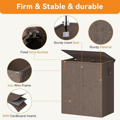 Chrislley 140L Laundry Hamper 2 Section, Double Laundry Basket with Lid, Large Dirty Clothes Hamper with Removable Liner Bags, Collapsible Laundry Organizer for Bedroom, Dorm,Brown