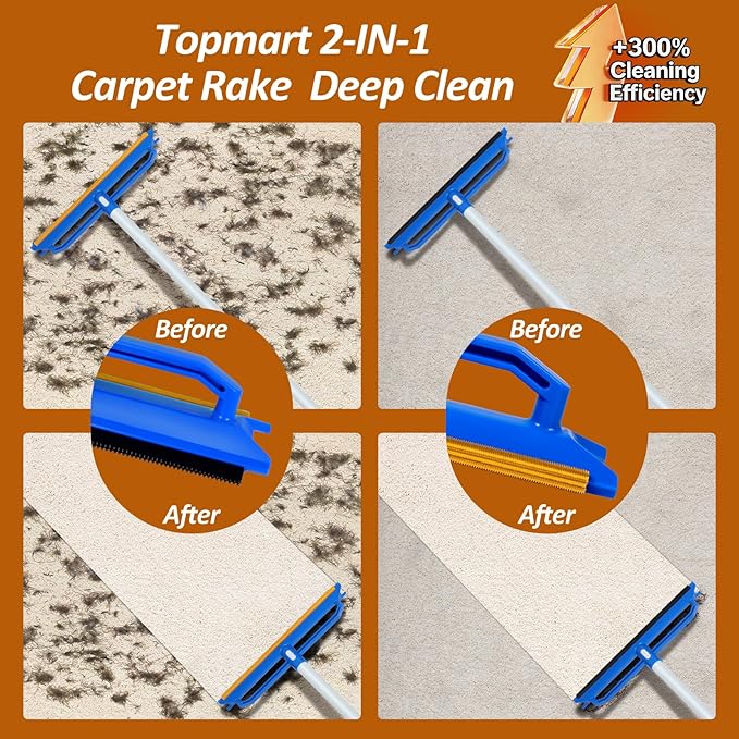 Topmart Carpet Rake with 60" Adjustable Handle, Cat Dog Carpet Rake Scraper for Rugs, Mats, Reusable Pet Hair Remover with 1 Silicone Removal Brush