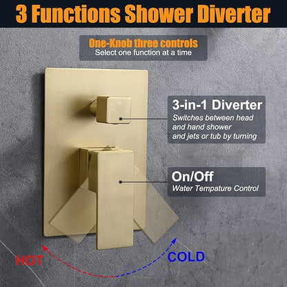 Enga Brushed Gold Rain Shower System with 4 Body Shower Jets 12inch Ceiling Mount Rainfall Shower Head & Handheld, Multi Shower Head System Rain Shower Faucets sets Combo with Rough-in Valve