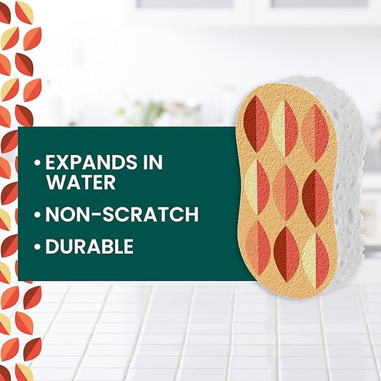 Scotch-Brite Harvest Pop Up Kitchen Sponges, Unique Compressed Kitchen Sponge for Cleaning Gently, Autumn Pattern Dish Sponge that Expands in Water, 3 Scrubbing Sponges