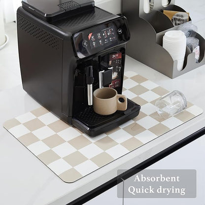 Ohocut Checkered Dish Drying Mat for Kitchen Counter, Coffee Bar Station Accessories, Retro Cute Aesthetic Modern Absorbent Drainer Mat Kitchen Drying Mat Easy Clean, Beige 16" x 24"