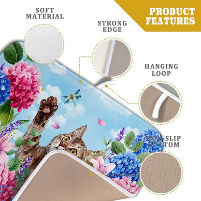 Hydrangea Floral Dish Drying Mat Cute Cat Microfiber Absorbent Dish Drying Pad for Kitchen Counter 16 X 18