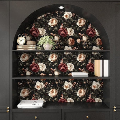 Dark Floral Wallpaper Peel and Stick, Vintage Black/White/Red Rose Contact Paper 17.5" x 393" , Retro Flowers Wall Paper Self Adhesive Waterproof Removable for Room Shelves Cabinet Drawer Table Decor